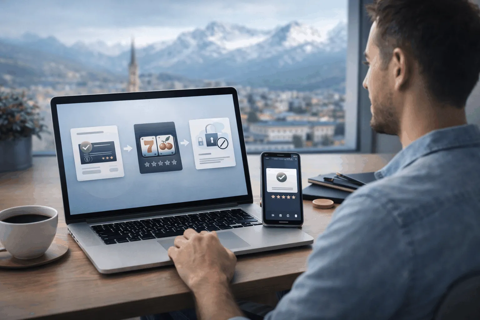 Person nutzt Laptop und Smartphone für Online Casino ohne Anmeldung mit sofortiger Einzahlung und Auszahlung