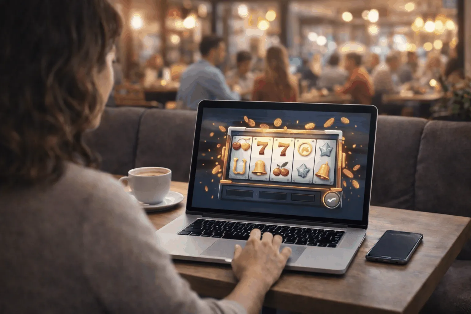 Frau spielt Online Slot auf dem Laptop in einem Café mit Kaffeetasse und lebendiger Atmosphäre